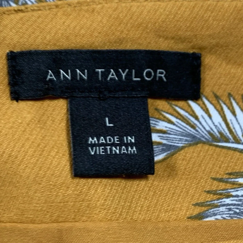 Ann Taylor Mustard Yellow Palm Tree‎ Puff Sleeve Square Neck Lined Dress Small